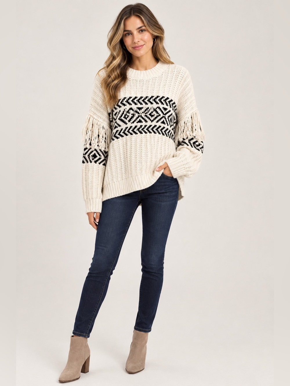 Sanctuary Ivory Sweater with Black Geometric Stripe and Fringe